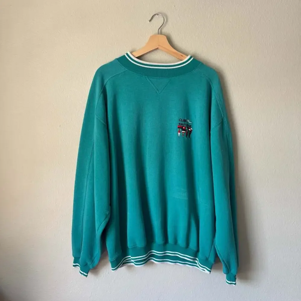 Vintage 90s Club Nautique Teal Embroidered Crewneck Sweatshirt L XL